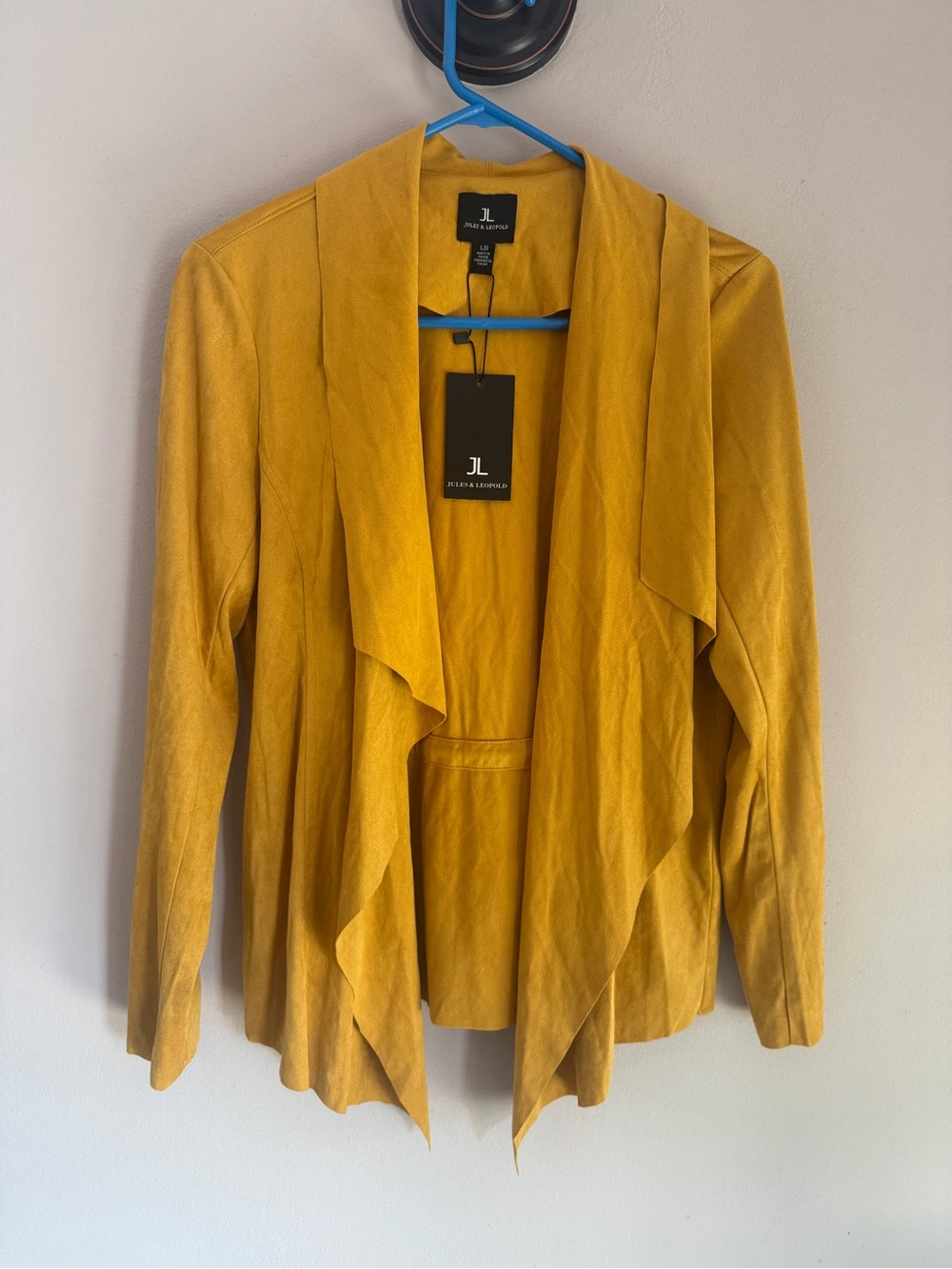 NWT Jules & Leopold Mustard Yellow Faux Suede Open Front Waterfall Jacket Large